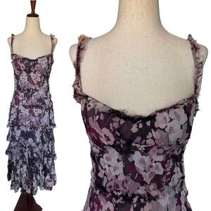 Vintage Y2K Tuleh Silk Chiffon Floral Print Dress 30s Tiered Carrie Bradshaw S